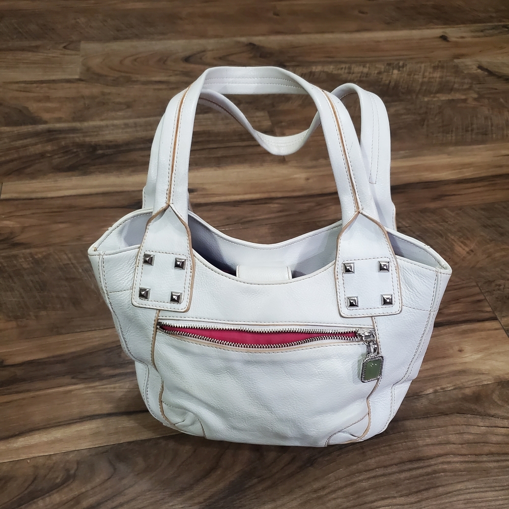 Stylish White Leather Handbag with Pink Accents